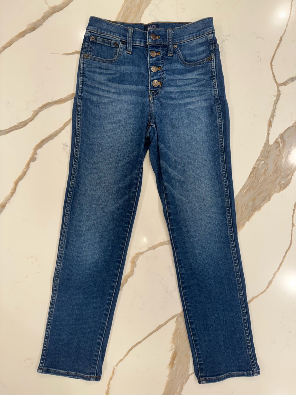J.Crew Vintage Straight Jeans 24 Stormy Ink Blue Button Fly Cropped High Rise